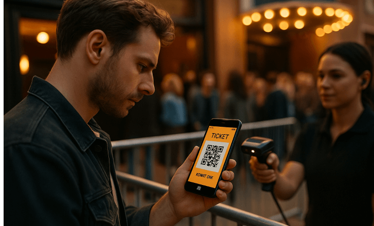 Man scanning a digital concert ticket with a QR code at venue entrance