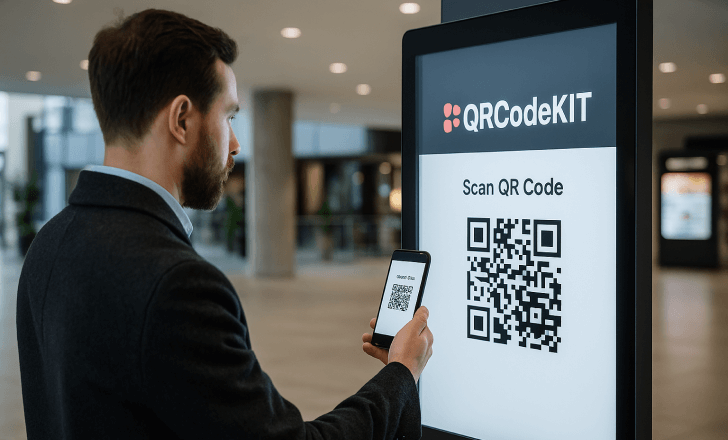 Man scanning a dynamic QR code on a digital kiosk with QR Code KIT branding in a bright public space