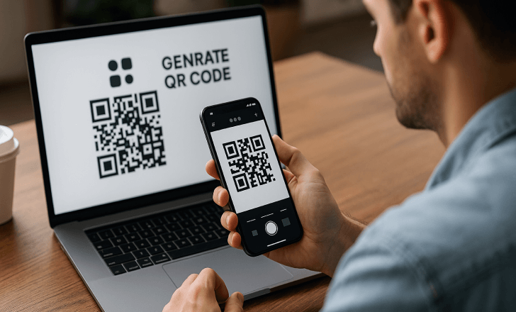 Man using smartphone and laptop to generate a QR code in a public workspace, with QR Code KIT icon on screen