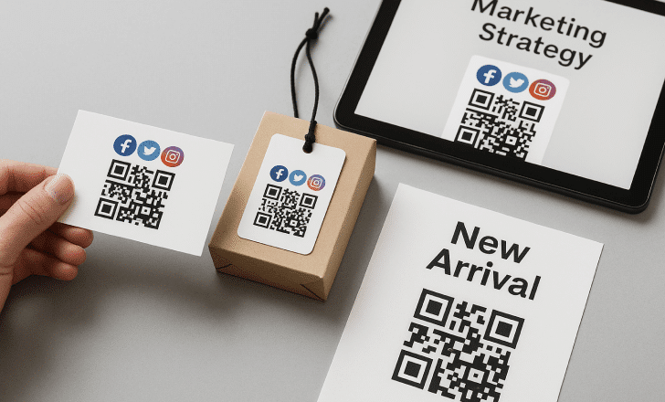 Multiple QR code use cases displayed on printed materials and packaging in a clean layout.