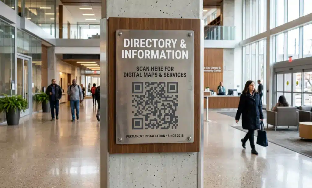 Do QR codes expire over time? 2 Permanent QR code panel on a wayfinding sign in a modern lobby, suggesting long-term reliability.