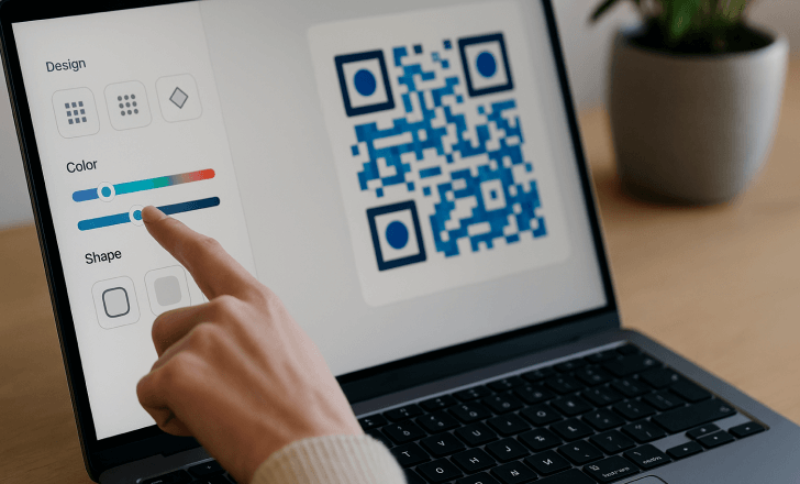 Person adjusting the colors and style of a QR code on a laptop in a cozy, modern setting.