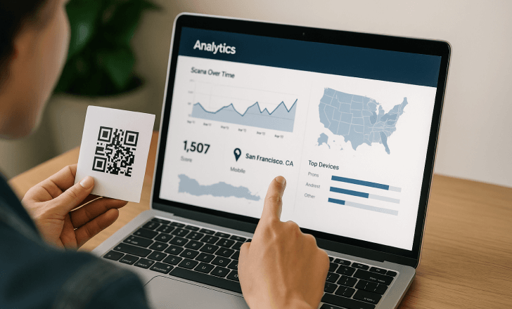 Person analyzing dynamic QR code data on a laptop while holding a printed QR code card