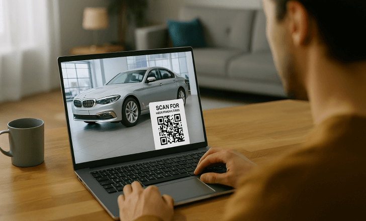 Person browsing a dealership website on a laptop with a QR code on screen in a home setting