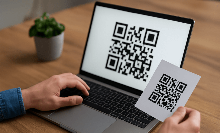 Person creating a QR code on a laptop while holding a printed version without visible text.