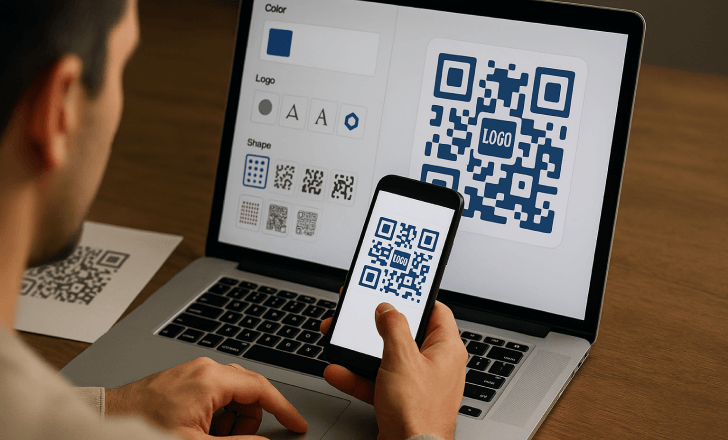 Person customizing a branded QR code with a logo and colors using a laptop and smartphone