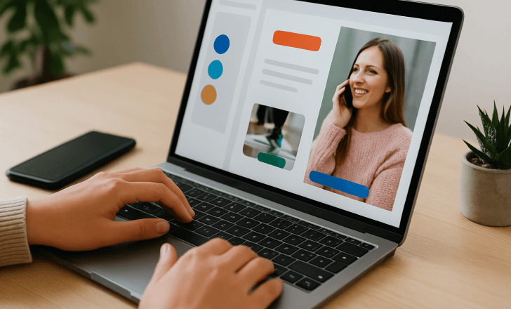 Person customizing a landing page with images and color elements on a laptop in a clean workspace.