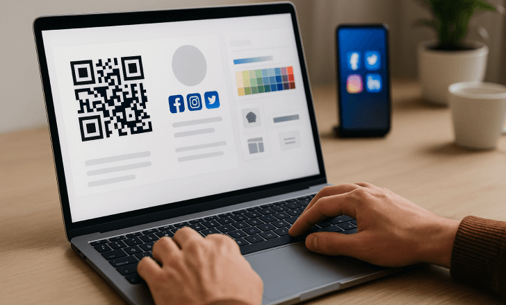 Person designing a QR code with social media links on a laptop in a modern workspace.