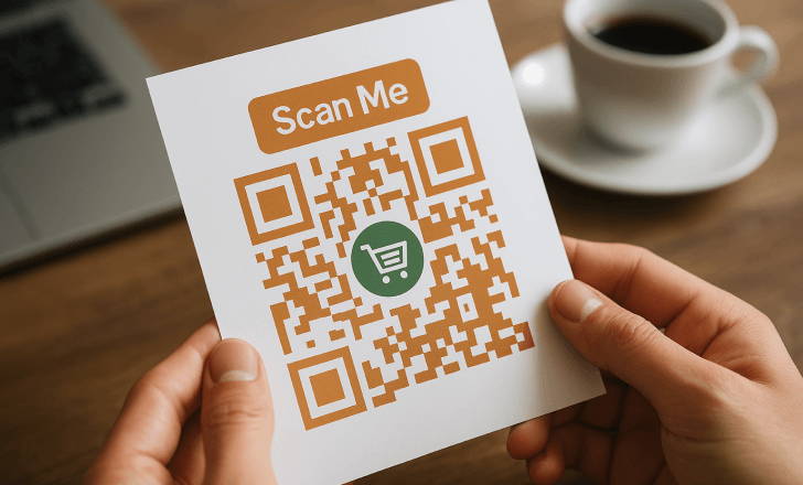 Person holding a custom QR code card with shopping cart icon and Scan Me label on a wooden desk
