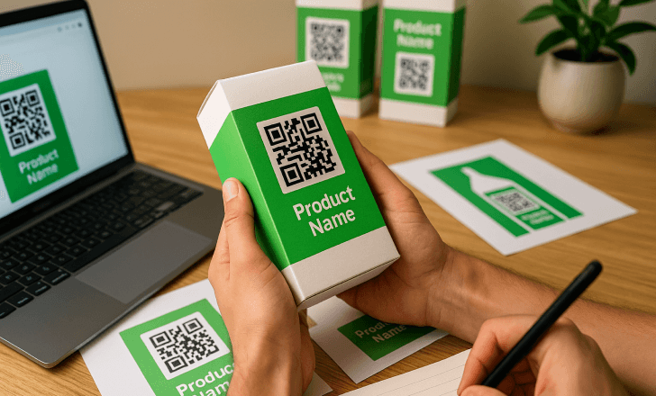 Person holding a green-labeled product box with a QR code in a branding and design workspace
