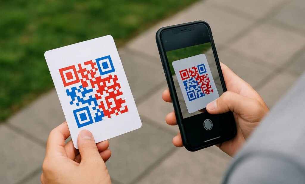 Person holding a phone and scanning a colorful red and blue QR code outdoors