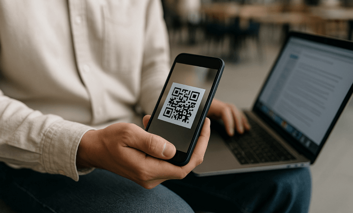 Person holding a phone with a QR code while working on a laptop