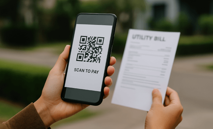 Person holding a smartphone displaying a QR code and utility bill outdoors