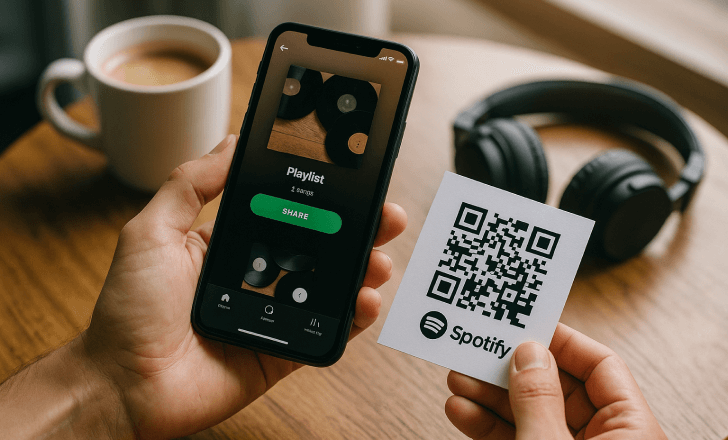 Person holding a smartphone showing a playlist and a business card with a QR code and Spotify logo