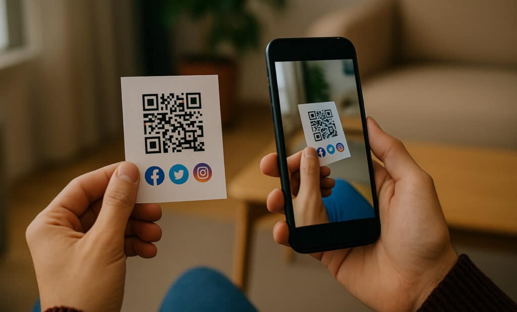 Person holding and photographing a printed QR code with social media icons in a warm indoor setting.