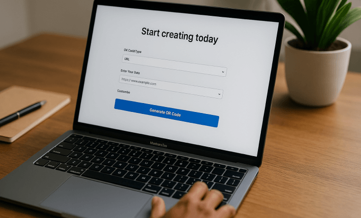 Person interacting with a laptop showing a “Start creating today” QR code generator page