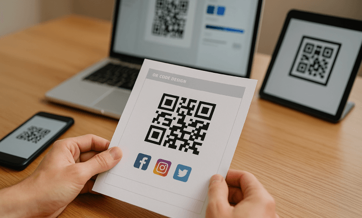 Person reviewing a printed QR code surrounded by devices showing it in different formats for testing.
