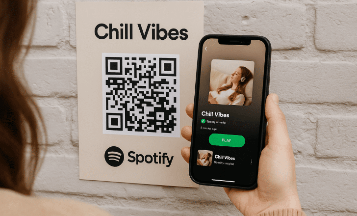 Person scanning a “Chill Vibes” playlist QR code on a beige Spotify poster attached to a white brick wall