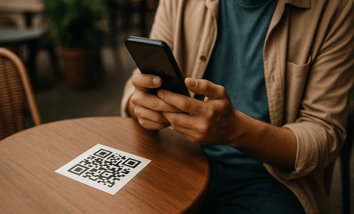 Person scanning a QR code at an outdoor café table