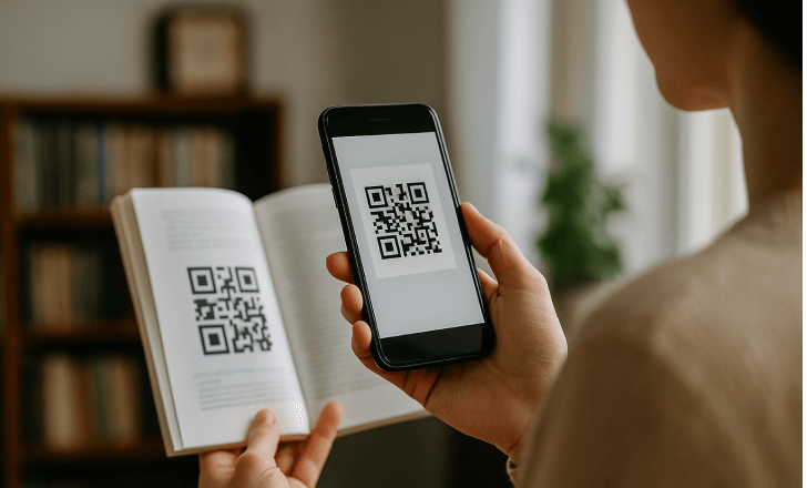 Person scanning a QR code in a book using a smartphone in a cozy room