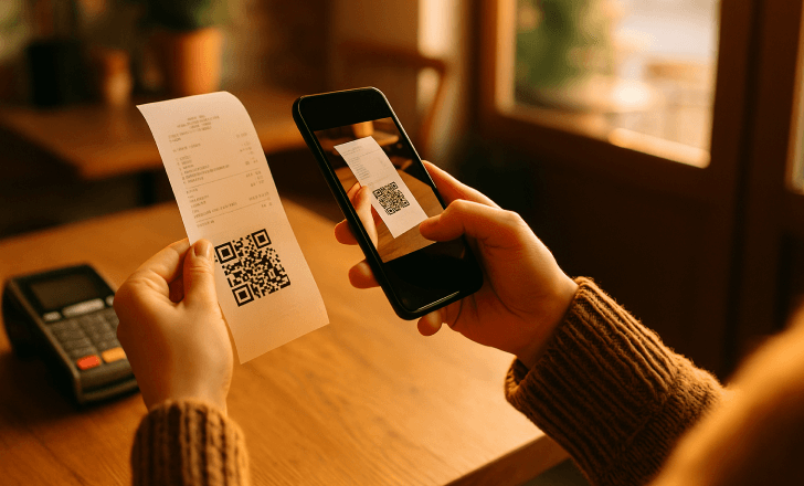 Person scanning a QR code on a café receipt in warm natural light