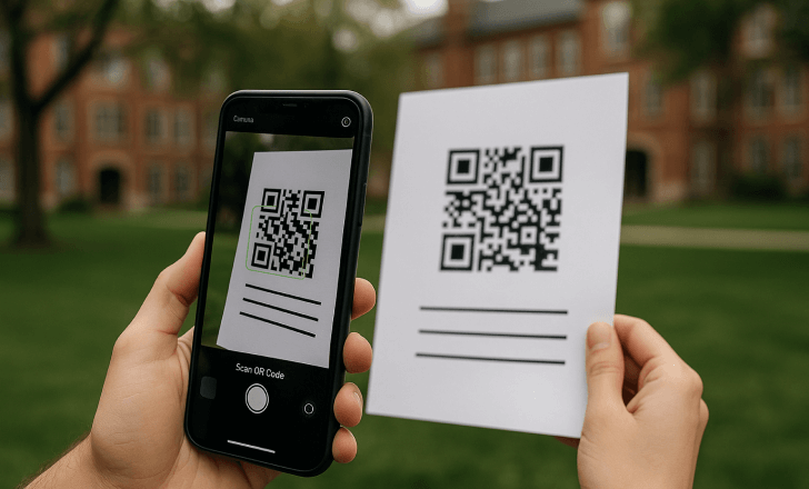 Person scanning a QR code on a document outside a university building