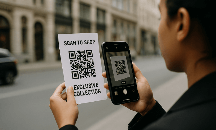 Person scanning a QR code on a printed flyer with a smartphone in a city street