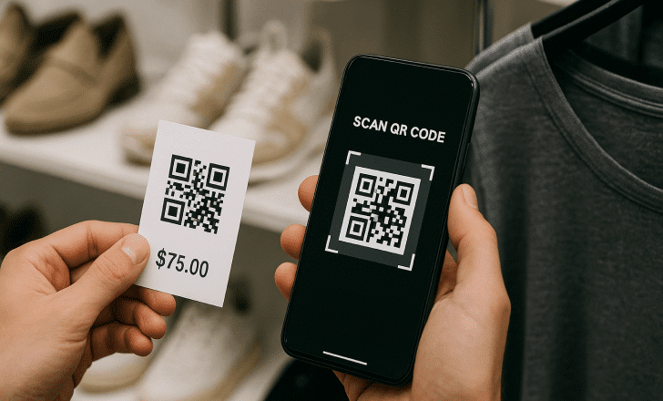 Person scanning a QR code on a product price tag inside a retail store.