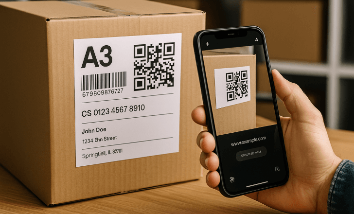 Person scanning a QR code on a shipping label attached to a cardboard box using a smartphone