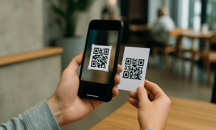 Person scanning a QR code with a smartphone in a public setting