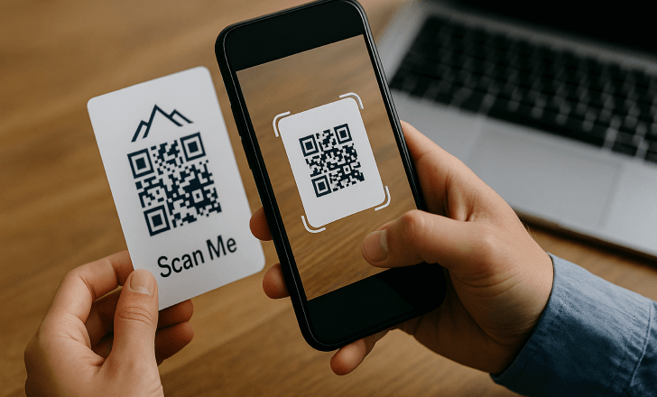 Person scanning a navy blue QR code with logo on a custom card using a smartphone