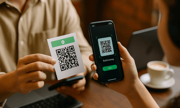 Person scanning a playlist QR code from a business card with headphones and coffee in the background