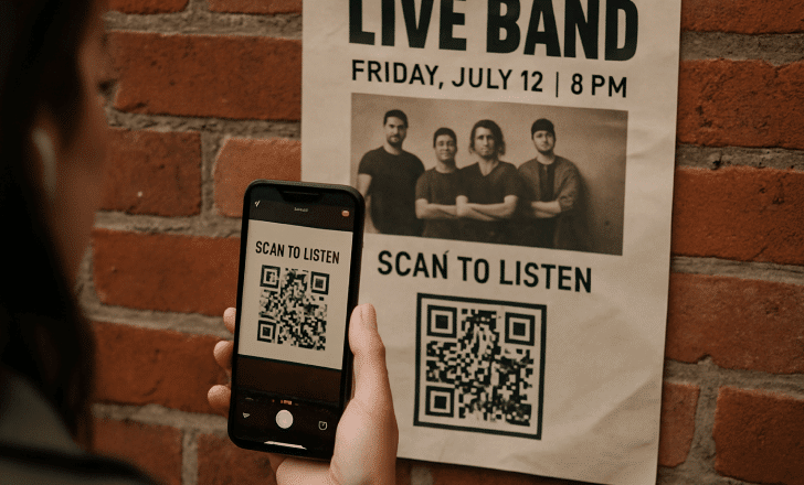 Person scanning a playlist QR code on a concert poster attached to a red brick wall