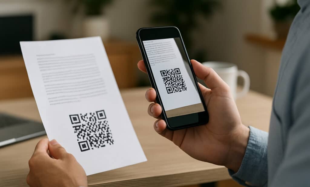 Person scanning a printed QR code on a document, illustrating QR code testing before distribution.