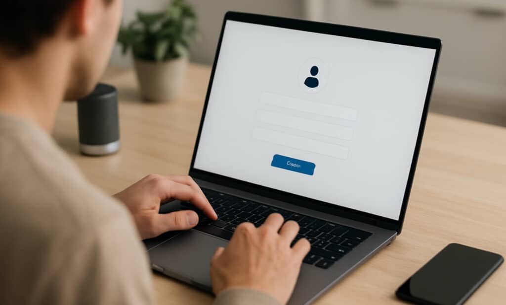 Person using a laptop to create an account on a digital platform in a minimal workspace.