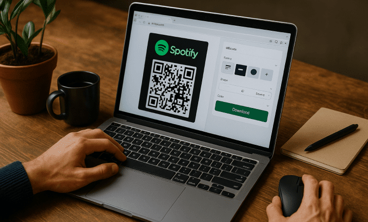 Person using a laptop to customize and download a Spotify QR code with natural light and desk items around