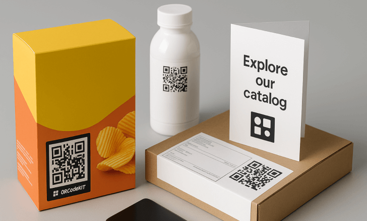 Product packaging and printed materials featuring dynamic QR codes and QR Code KIT branding