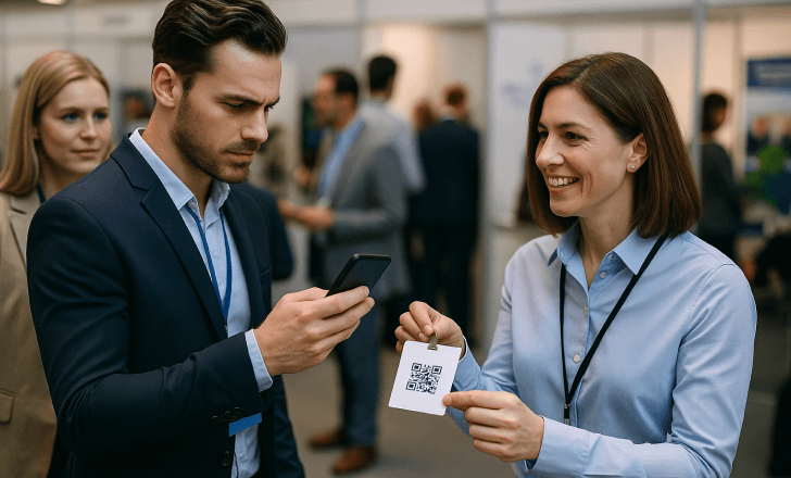 Professional scanning a QR code on a conference badge during a networking event