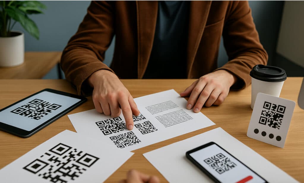 Professional workspace with person testing QR codes on printed papers, tablet, and phone