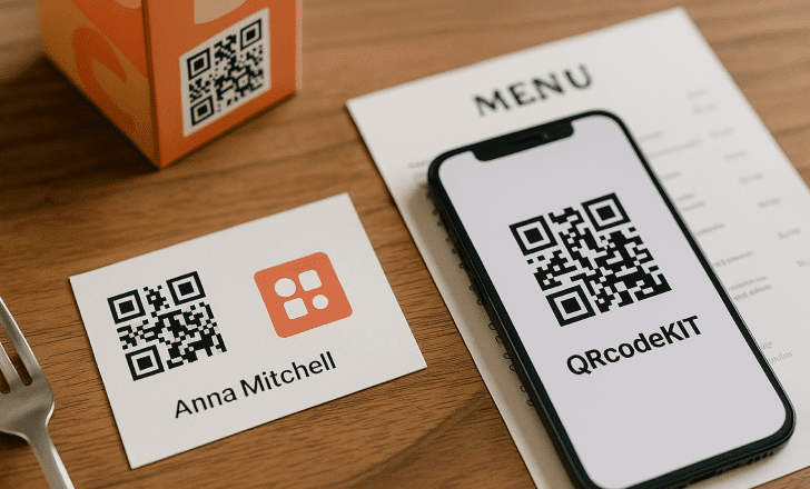 QR Code KIT business card, smartphone, and printed menu featuring dynamic QR codes on a wooden table