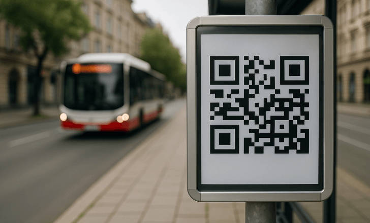 QR code display at a bus stop with a city bus approaching in the background