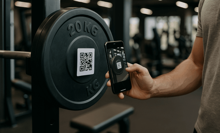 QR code on weight plate for tutorial access