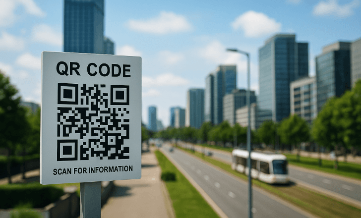 QR code sign on a city boulevard with a tram and glass skyscrapers in the background