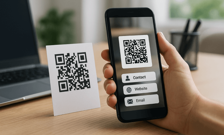 QR scan showing contact, website, and email
