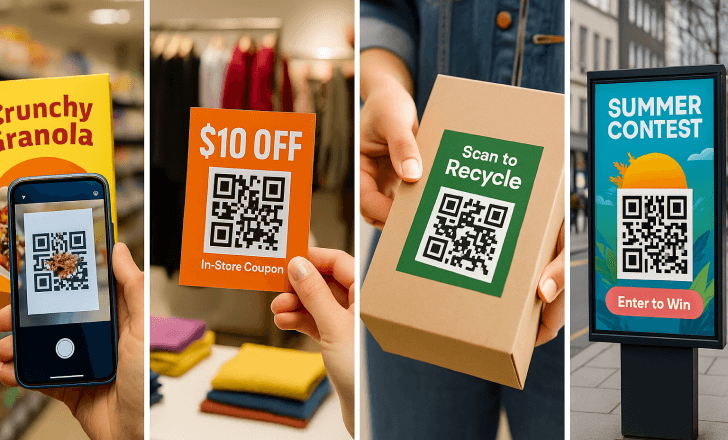 Real-world examples of QR code campaigns on packaging, coupons, recycling labels, and outdoor ads