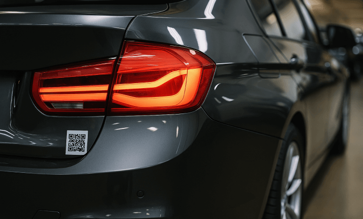 Rear view of a dark gray car with a QR code sticker below the taillight inside a showroom