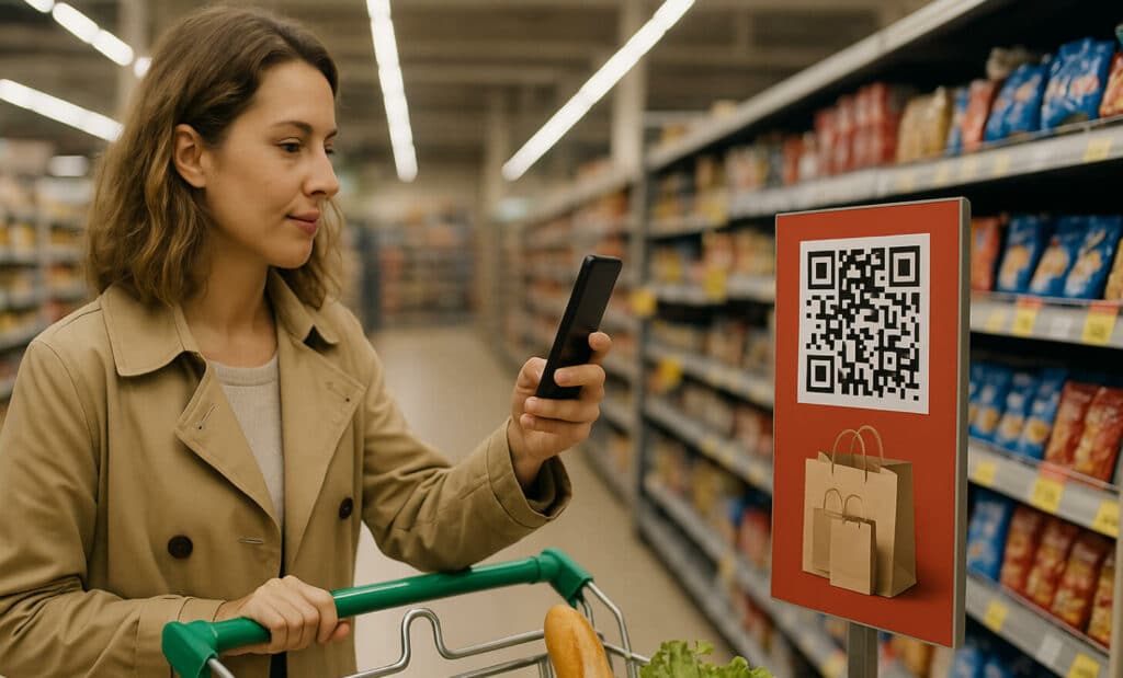 Shopper scanning a promotional QR code with her phone in a supermarket aisle