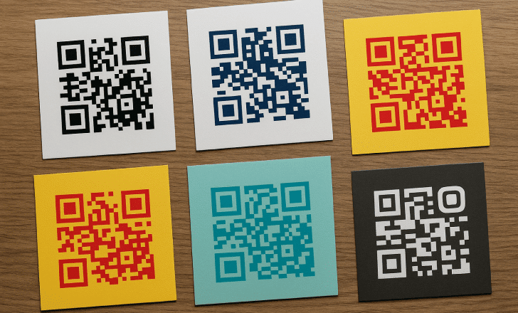Six QR code cards with different color combinations displayed on a wooden surface