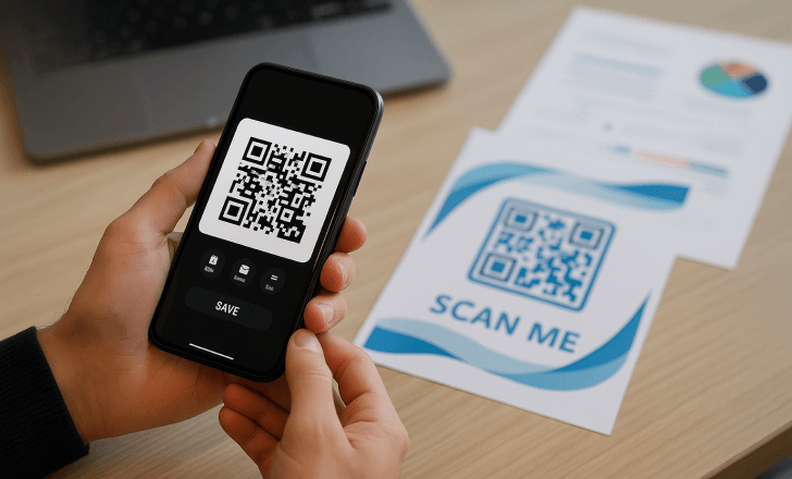 Smartphone displaying a QR code above printed marketing materials on a desk
