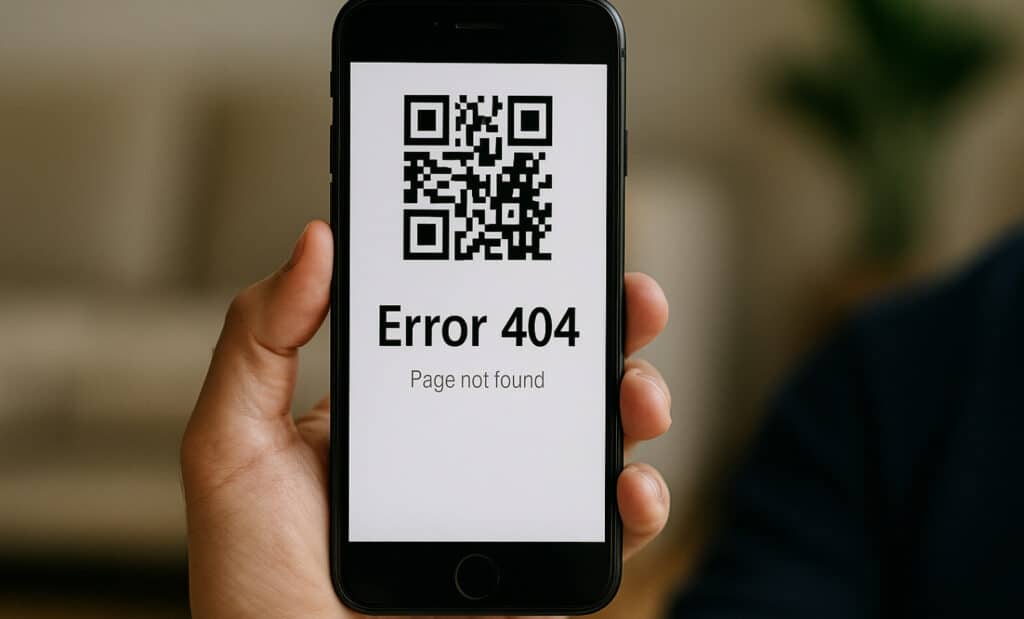 Smartphone screen displaying a 404 error after scanning an expired QR code